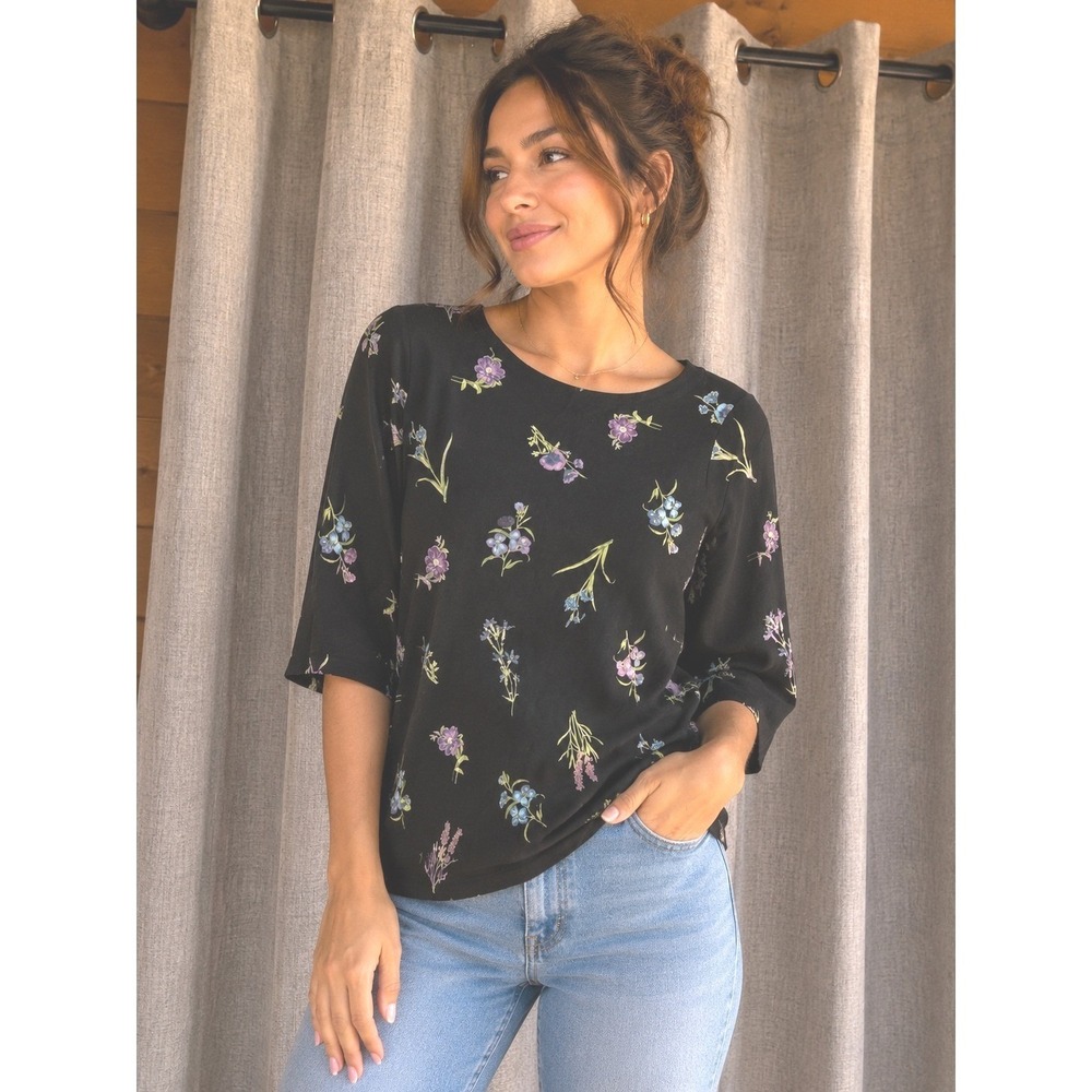 J. Jill Black Floral Botanical Boatneck 3/4 Sleeve Top Small Cotton Modal